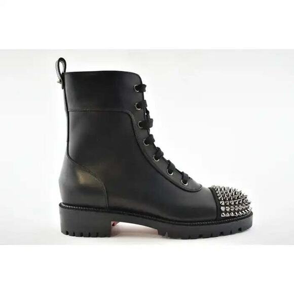 Christian Louboutin TS Croc Flat Black Calf Leather Spike Combat Ankle Boot 36 - Picture 2 of 9